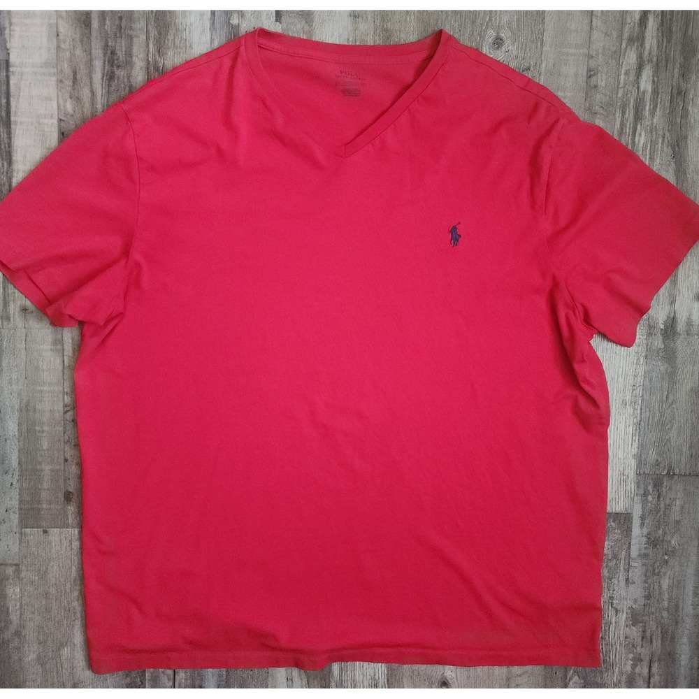 Polo Ralph Lauren T-Shirt Mens 2XL Red V-Neck Short Sleeve Navy Pony Logo Tee